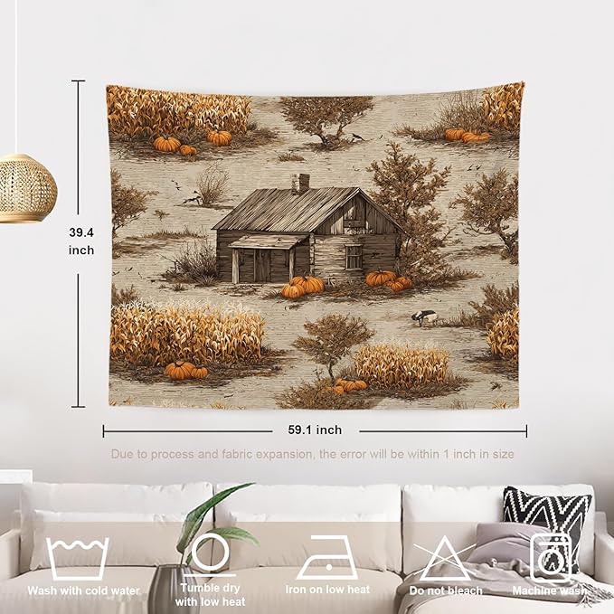 Batmerry Vintage Harvest Tapestry, Cabin In Pumpkin Field Wall Art Hanging Decoration Polyester Fiber White Ruffled Around for Dorm Room Bedroom Living Room, 39.1x59.1 inches