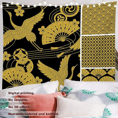 Batmerry Flower Vintage Tapestry, Oriental Japanese Pattern Ornaments Traditional Motives Kimono Wall Hanging Polyester Fiber White Ruffled Around For Dorm Bedroom Living Room, 90.6 X 78.7 Inches
