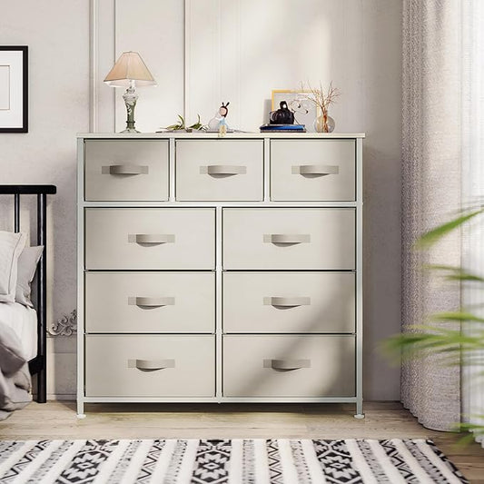 YITAHOME Dresser with 9 Drawers - Fabric Storage Tower, Organizer Unit for Living Room, Hallway, Closets - Sturdy Steel Frame, Wooden Top & Easy Pull Fabric Bins (Cream White)