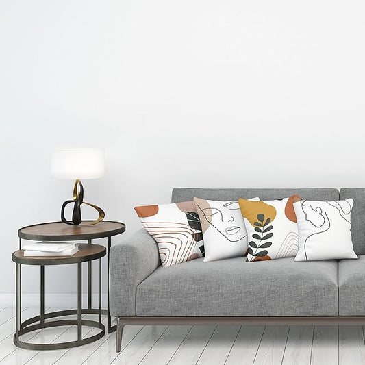 Ambesonne Minimal Throw Pillow Cushion Case Pack of 4, Modern Line Art Woman Portrait with Contemporary Leafy Geometric Details, Modern Accent Double-Sided Digital Printing, 18", Rust Tan and Mustard