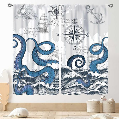 Nautical Curtains, Coastal Old Pirate Map Sailboat Compass Anchor Vintage Ocean Kraken Octopus Tentacles Blue Marine Window Drapery Treatment for Bedroom Living Room Kitchen Bathroom, 55"x63" Inch