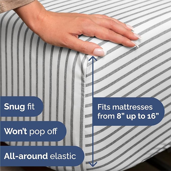 Split King 7 Piece Sheet Set - Comfy Breathable & Cooling - Soft Hotel Luxury Bedding Set w/ 8-16 Inch Deep Pockets - 1 Flat & 2 Fitted Sheet & 4 Pillowcases - Cozy and Wrinkle Free - Grey Stripes 2