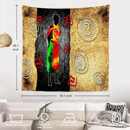 Batmerry African Ethnic Retro Tapestry,Vintage Motive Oil Landscape Fashion Wall Art Hanging Decoration Polyester Fiber White Ruffled Around for Dorm Room Bedroom Living Room, 59.1x59.1 inches