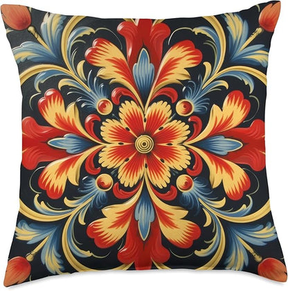 Traditional Norwegian Rosemaling Folk Art Throw Pillow