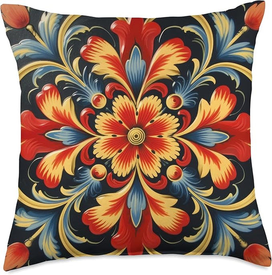Traditional Norwegian Rosemaling Folk Art Throw Pillow