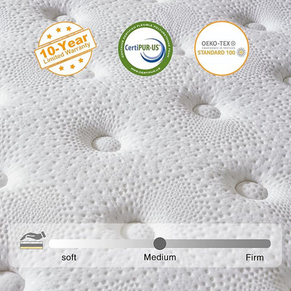 Twin Mattress, 10 Inch Hybrid Mattress in a Box, Memory Foam and Individual Pocket Springs, Fiberglass Free, Soft and Breathable, Medium Firm Feel