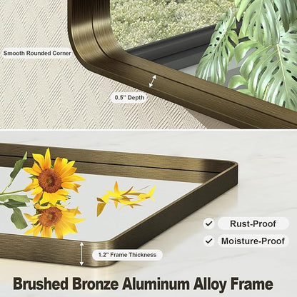 22x30 Inch Bronze Framed Bathroom Mirror, Brushed Bronze Metal Vanity Mirror, Bronze Rectangle Mirror, Rounded Corner, Tempered Glass, Anti-Rust, Shatterproof (Horizontal/Vertical)