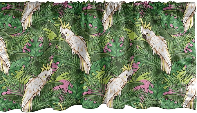 Lunarable Parrots Window Valance Pack of 2, Yellow Crested Cockatoo Bird with Tropical Foliage Exotic Caribbean Design, Rod Pocket Curtain Valances for Kitchen Bedroom, 54" X 18", Cream Green