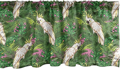 Lunarable Parrots Window Valance Pack of 2, Yellow Crested Cockatoo Bird with Tropical Foliage Exotic Caribbean Design, Rod Pocket Curtain Valances for Kitchen Bedroom, 54" X 18", Cream Green