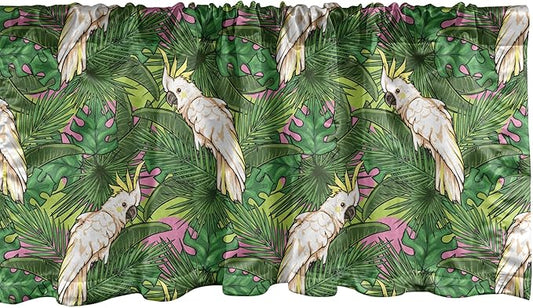 Lunarable Parrots Window Valance Pack of 2, Yellow Crested Cockatoo Bird with Tropical Foliage Exotic Caribbean Design, Rod Pocket Curtain Valances for Kitchen Bedroom, 54" X 18", Cream Green