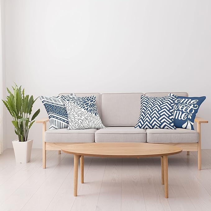 Ambesonne Modern Throw Pillow Cushion Case Pack of 4, Monochrome Design Sharp Angled Squama Scale Dahlia Chevron and Home Phrase, Modern Accent Double-Sided Digital Printing, 24", Dark Sky Blue White