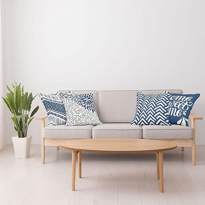 Ambesonne Modern Throw Pillow Cushion Case Pack of 4, Monochrome Design Sharp Angled Squama Scale Dahlia Chevron and Home Phrase, Modern Accent Double-Sided Digital Printing, 16", Dark Sky Blue White