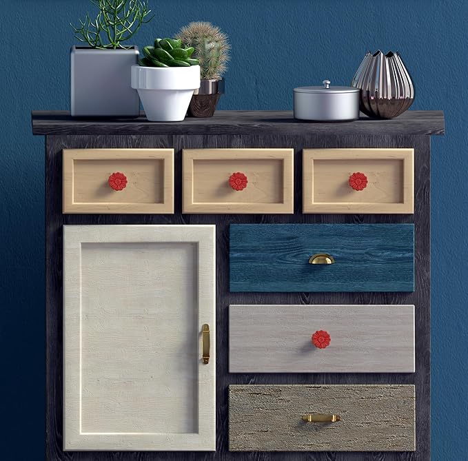 6PCS Vintage Floral Daisy Ceramic Dresser Drawer Knobs Elegant Cabinet Cupboard Door Hardware Pull Handles w/Screws Red