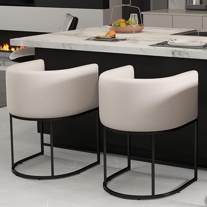 Modern Counter Height Linen Upholstered Bar Stools Set of 2, 24" Kitchen Counter Island Stools Bar Chairs with Black Metal Frame for Kitchen Island, Cream