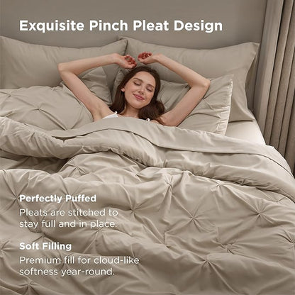Bedsure California King Comforter Set Beige - Bed in a Bag Cal King Bedding Set 7 Pieces, GentleSoft™ Pintuck Bed Set Gift for Family, Pinch Pleat Beige Comforter with Sheets, Pillowcases & Shams