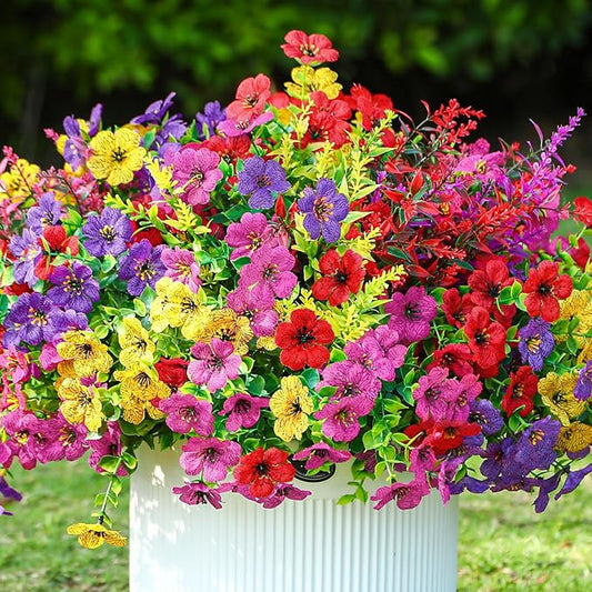 SHareconn 24 Bundles Artificial Flowers for Outdoors Decoration, Faux Plants Fake Silk Colorful Daisy Eucalyptus Lavender, UV Resistant for Outside Home Porch Patio Spring Decor, RedRosyPurpleYellow