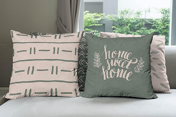 Ambesonne Modern Throw Pillow Cushion Case Pack of 4, Scandinavian Minimal Ornaments Boho Feather Leaves and Home Phrase, Modern Accent Double-Sided Digital Printing, 24", Pale Tan and Reseda Green