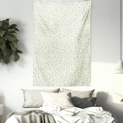 Lunarable Green and Beige Tapestry Twin Size, Green Leaves on Skinny Tangled Sprigs Fresh Nature Theme Foliage, Wall Hanging Bedspread Bed Cover Wall Decor, Twin Size, Pistachio Green