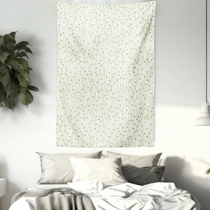 Lunarable Green and Beige Tapestry Queen Size, Green Leaves on Skinny Tangled Sprigs Fresh Nature Theme Foliage, Wall Hanging Bedspread Bed Cover Wall Decor, Queen Size, Pistachio Green