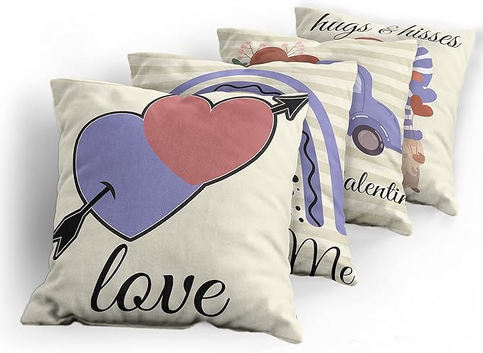 Ambesonne Romantic Throw Pillow Cushion Case Pack of 4, Love Hearts Arrow You and Me Be My Valentine Hugs Kisses Lettering, Modern Accent Double-Sided Digital Printing, 18", Ivory Lavender Pale Rust