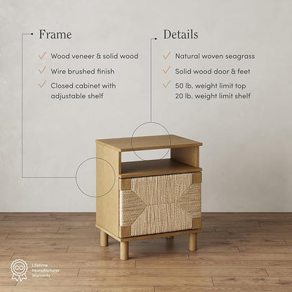 Nathan James Beacon Wood Nightstand, Bohemian Accent Table or Sofa Side Table with Seagrass Door for Bedroom or Living Room, Light Brown