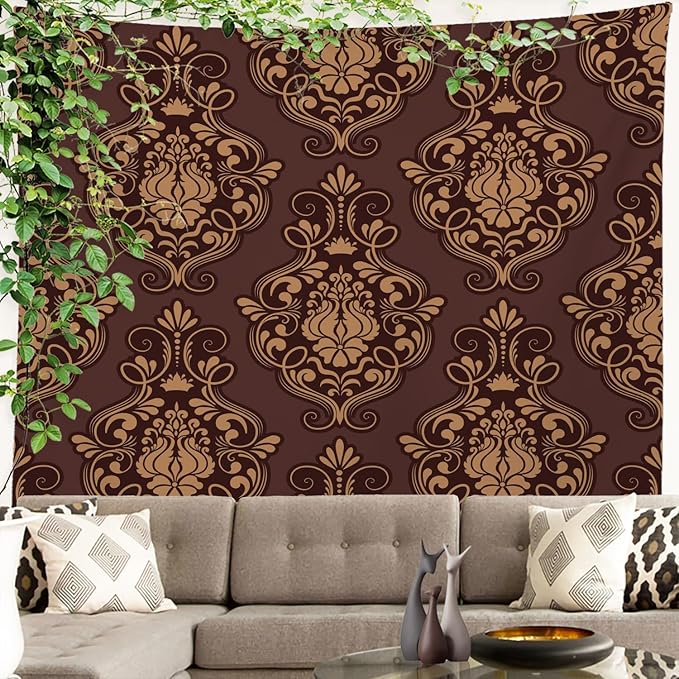 Batmerry Brown Damask Floral Tapestry, Vintage Golden Brown Damask Pattern Wall Art Hanging Decoration Polyester Fiber White Ruffled Around For Dorm Room Bedroom Living Room, 90.6 X 78.7 Inches
