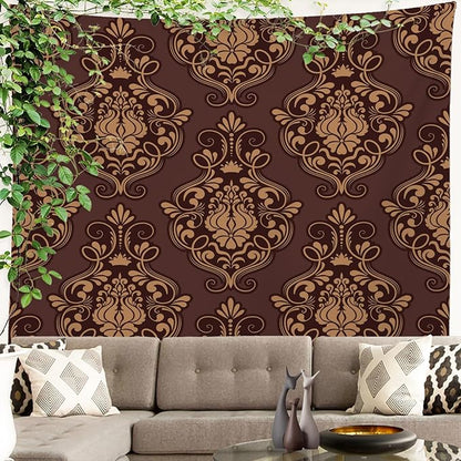 Batmerry Brown Damask Floral Tapestry, Vintage Golden Brown Damask Pattern Wall Art Hanging Decoration Polyester Fiber White Ruffled Around For Dorm Room Bedroom Living Room, 90.6 X 78.7 Inches