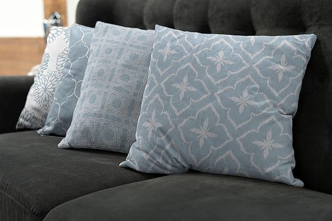 Ambesonne Vintage Throw Pillow Cushion Case Pack of 4, Monochrome Design Grid Trellis Quatrefoil Mesh and Dahlia Flowers Modern, Modern Accent Double-Sided Digital Printing, 20", Pale Cadet Blue White