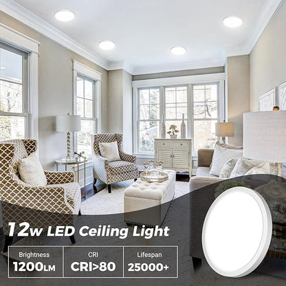 1PACK Flush Mount LED Ceiling Light Fixture - White, 6.5Inch 12Watt, Dimmable & 3000K-4000K-6500K 3 Color Selectable Ceiling Lamp - 1200LM Low Profile Light for Kitchen, Bedroom, Hallway, Porch