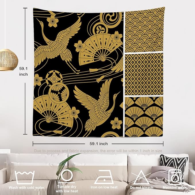 Batmerry Black Oriental Tapestry,Gold Japanese Fan Wall Art Hanging Decoration Polyester Fiber White Ruffled Around for Dorm Room Bedroom Living Room, 59.1x59.1 inches
