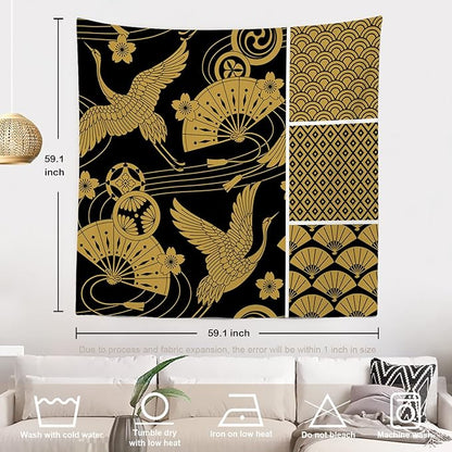 Batmerry Black Oriental Tapestry,Gold Japanese Fan Wall Art Hanging Decoration Polyester Fiber White Ruffled Around for Dorm Room Bedroom Living Room, 59.1x59.1 inches