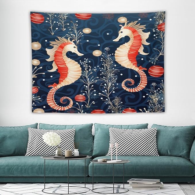 MaSiledy Seahorse Christmas Kiss Beach Tapestry As Wall Art Coastal Nautical Vintage Aesthetic Tapestry Wall Hanging Landscape Tapestry Wall Decor for Bedroom Living Room Dorm 60"x80"