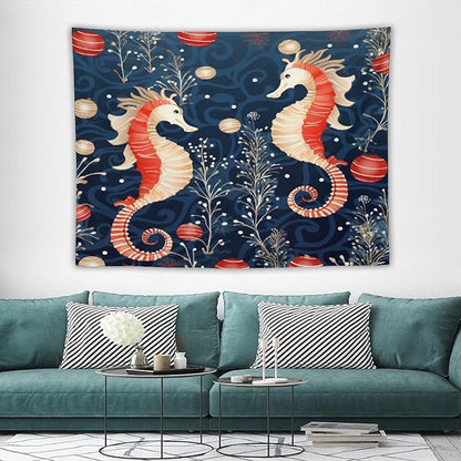 MaSiledy Seahorse Christmas Kiss Beach Tapestry As Wall Art Coastal Nautical Vintage Aesthetic Tapestry Wall Hanging Landscape Tapestry Wall Decor for Bedroom Living Room Dorm 60"x80"