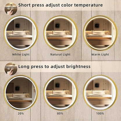Hasipu 24 Inch Round LED Mirror for Bathroom with Lights, Gold Circle Vanity Mirror for Wall, Metal Framed Frontlit Bathroom Lighted Mirrors Anti-Fog, Dimmable, 3 Colors Makeup Mirror Wall Mounted