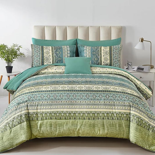 Cottolester Boho Queen Comforter Set 8 Pieces,Green Bohemian Comforter Paisley Striped Bed in A Bag,Soft Microfiber Bedding Set for All Season
