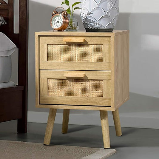 Finnhomy Nightstand, End Table, Side Table with 2 Hand Made Rattan Decorated Drawers, Wood Accent Table with Storage for Bedroom, Natural (Patented)