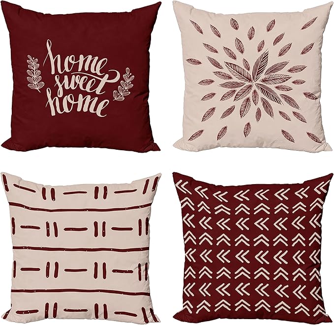 Ambesonne Modern Throw Pillow Cushion Case Pack of 4, Scandinavian Minimal Ornaments Boho Feather Leaves and Home Phrase Print, Modern Accent Double-Sided Digital Printing, 18", Pale Tan and Burgundy