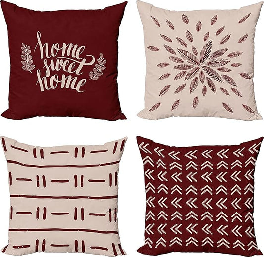 Ambesonne Modern Throw Pillow Cushion Case Pack of 4, Scandinavian Minimal Ornaments Boho Feather Leaves and Home Phrase Print, Modern Accent Double-Sided Digital Printing, 16", Pale Tan and Burgundy
