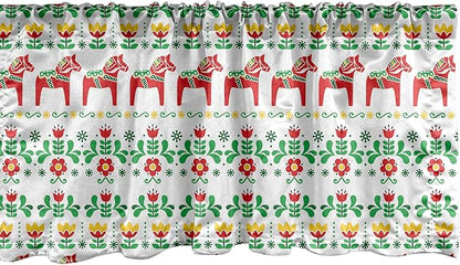 Ambesonne Folk Art Window Valance, Scandinavian Themed Pattern of Swedish Dala Horse and Flowers, Curtain Valance for Kitchen Bedroom Decor with Rod Pocket, 54" X 18", Green Vermilion