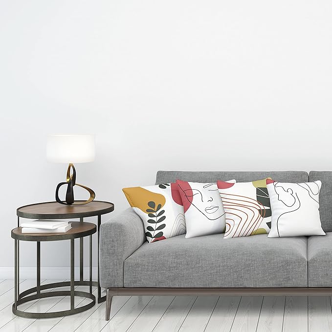 Ambesonne Minimal Throw Pillow Cushion Case Pack of 4, Modern Line Art Woman Portrait Contemporary Leafy Geometric Details, Modern Accent Double-Sided Digital Printing, 24", Olive Green and Dark Coral