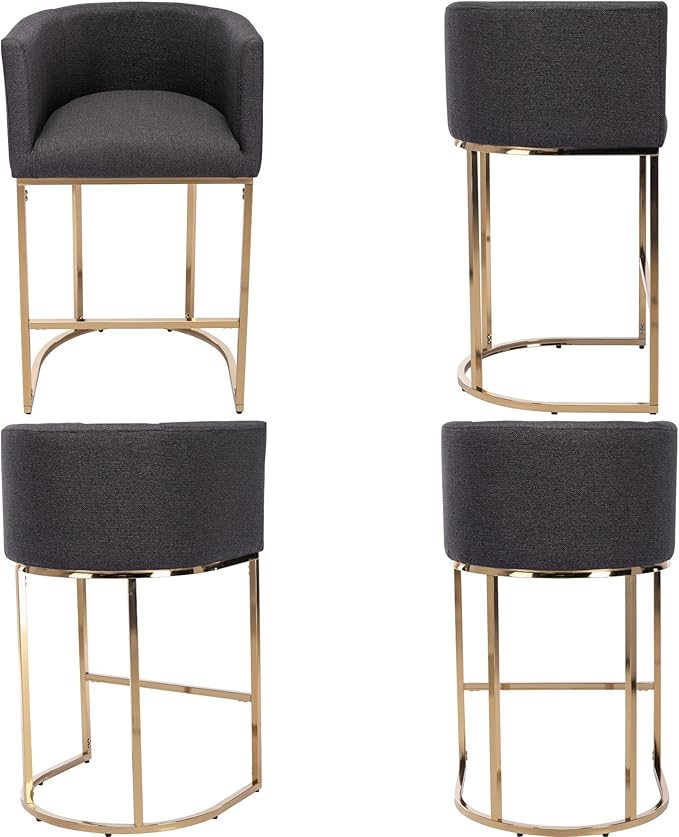 Modern Counter Height Linen Upholstered Bar Stools Set of 2, 29" Kitchen Counter Island Stools Bar Chairs with Gold Metal Frame for Kitchen Island, Charcoal