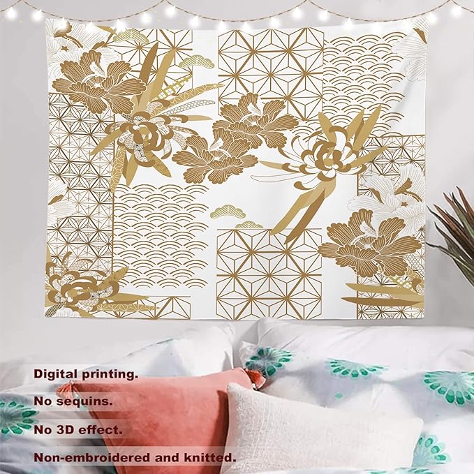 Batmerry Gold Japanese Floral Tapestry,Spring Wall Art Hanging Decoration Polyester Fiber White Ruffled Around for Dorm Room Bedroom Living Room, 51.2x59.1 inches