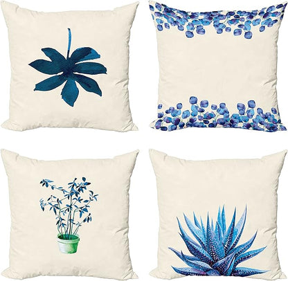 Ambesonne Botanical Throw Pillow Cushion Case Pack of 4, Minimalist Watercolor Painting Leaves Agave Branches Plant in a Pot, Modern Accent Double-Sided Digital Printing, 18", Dark Turquoise Ceil Blue