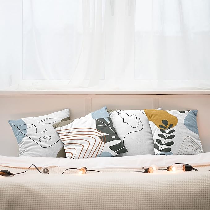 Ambesonne Minimal Throw Pillow Cushion Case Pack of 4, Modern Line Art Woman Portrait with Contemporary Leafy Geometric Details, Modern Accent Double-Sided Digital Printing, 16", Baby Blue Taupe Amber
