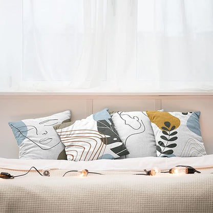 Ambesonne Minimal Throw Pillow Cushion Case Pack of 4, Modern Line Art Woman Portrait with Contemporary Leafy Geometric Details, Modern Accent Double-Sided Digital Printing, 16", Baby Blue Taupe Amber