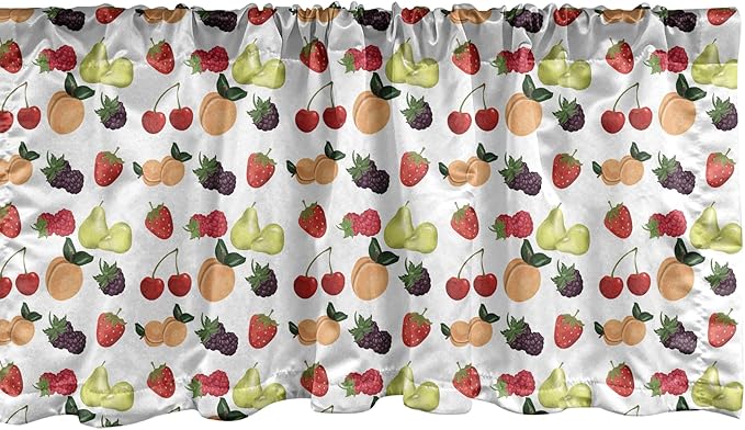 Lunarable Fruit Window Valance Pack of 2, Fresh Natural Themed Pears Cherries Grapes Peach Berry Strawberries Art Image, Rod Pocket Curtain Valances for Kitchen Bedroom, 54" X 12", Green Red