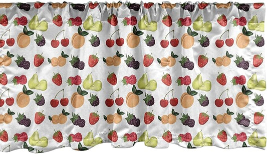 Lunarable Fruit Window Valance Pack of 2, Fresh Natural Themed Pears Cherries Grapes Peach Berry Strawberries Art Image, Rod Pocket Curtain Valances for Kitchen Bedroom, 54" X 12", Green Red