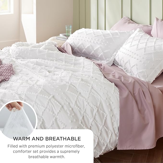 Bedsure Full Comforter Set - Olive Green Comforter, Boho Tufted Shabby Chic Bedding for Kids, 3 Pieces Vintage Farmhouse Bed Set for All Seasons, Fluffy Soft Bedding with 2 Pillow Shams
