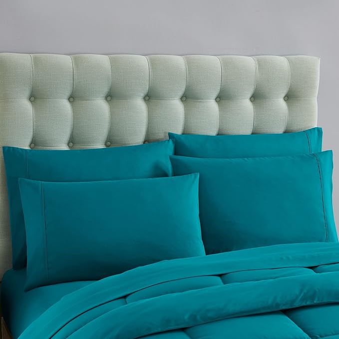 Sweet Home Collection 7 Piece Comforter Set Bag Solid Color All Season Soft Down Alternative Blanket & Luxurious Microfiber Bed Sheets, Teal, Twin XL