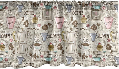 Ambesonne Modern Window Valance Pack of 2, Coffee Time Vintage Espresso Machine Cupcakes Beans Design, Rod Pocket Curtain Valances for Kitchen Bedroom, 42" X 12", Pale Pink Beige